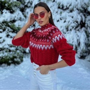 Zara red jacquard knit sweater NWT